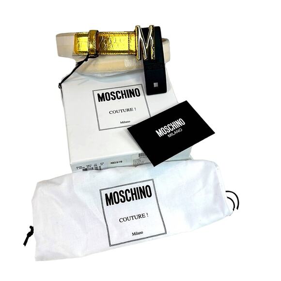 #MOSCHINO Leather Logo Belt Gold 90 NEW. - Picture 3 of 3
